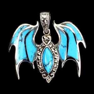 Stabilized Marquise Turquoise Marcasite 925 Sterling Silver Bat Jewelry Pendant